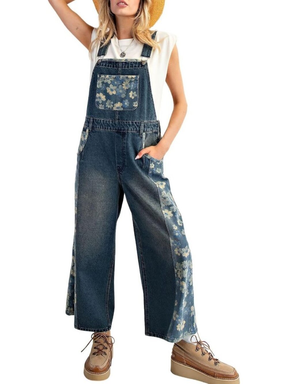 Casual Y2K Floral Print Denim Jumpsuit with Adjustable Straps & Pockets